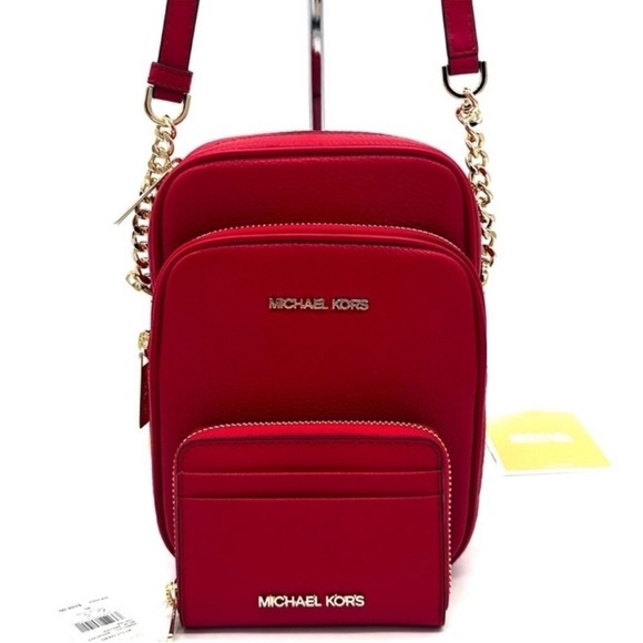 Michael Kors Medium NS Chain Xbody Bag & Jet Set Travel Medium ZA Card Case Red - Picture 5 of 12